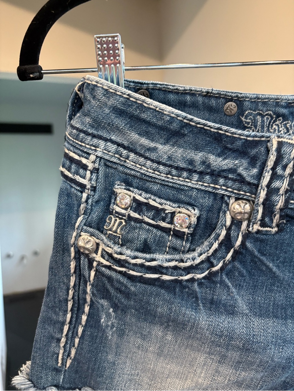 Miss Me Blue Distressed Embroidered Denim Cutoff Shorts - Picture 3 of 5